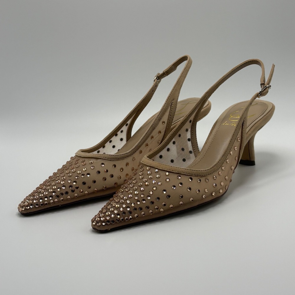 Sam Edelman Bianka Slingback Pumps Tan Mesh Rhinestone Kitten Heel Nude Women 6M